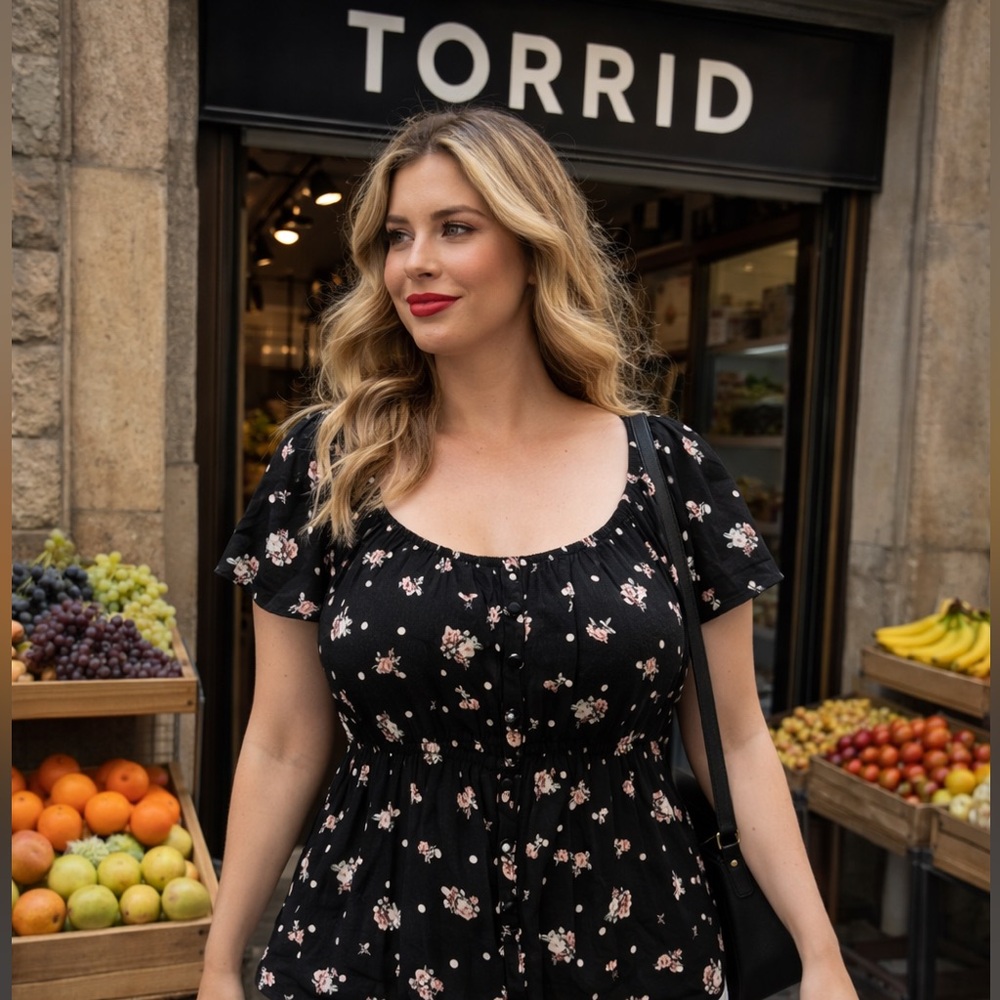 🌸Torrid Black Floral Short-Sleeve Peplum Scoop Top Puff sleeve Cottagecore 1X